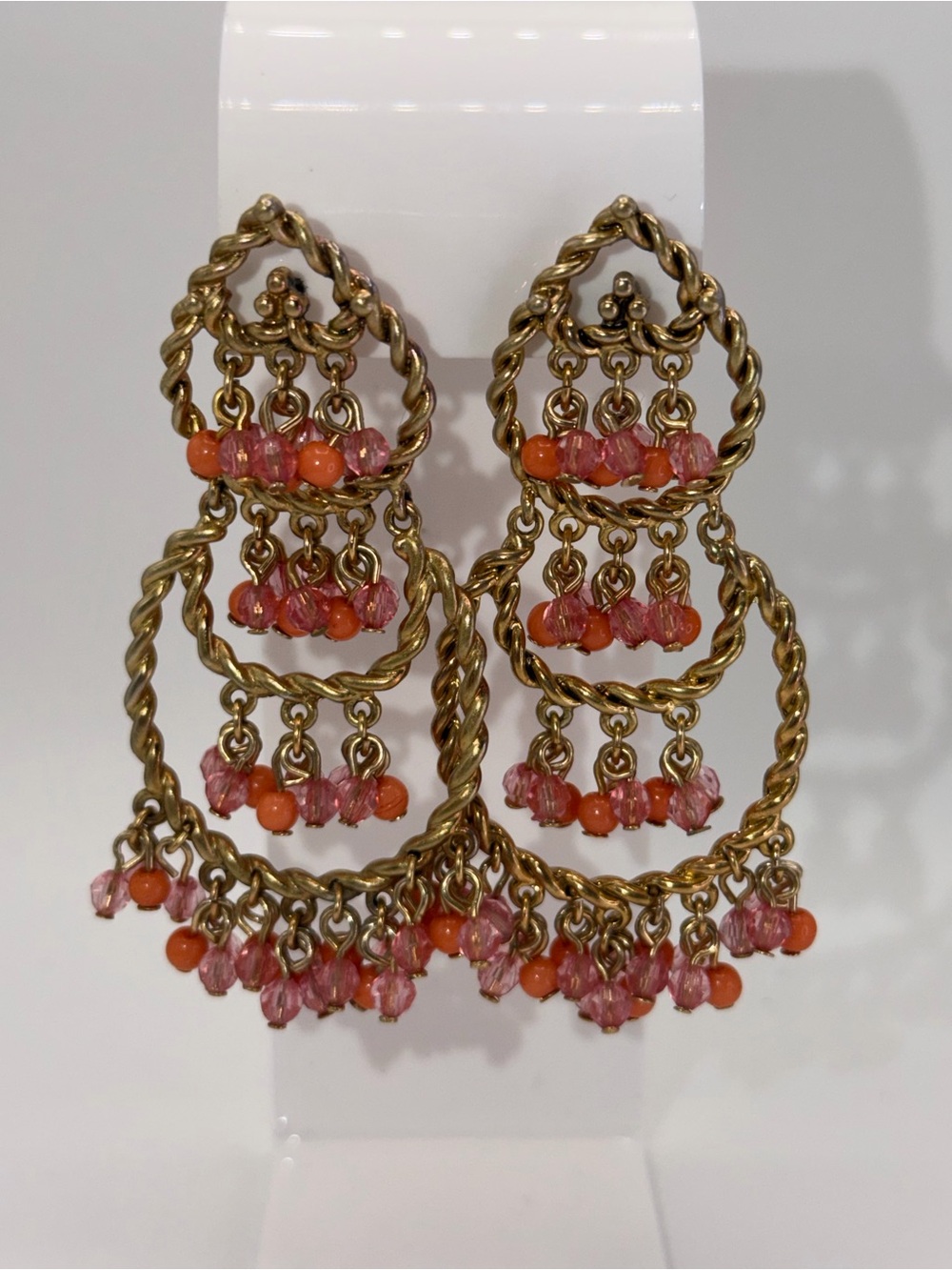 Vintage-Style Gold Chandelier Earrings with Pink and Coral Beads